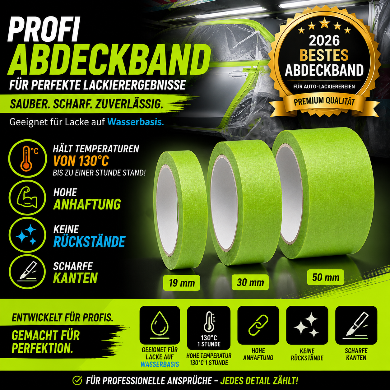Abdeckband grün Lackiererei Abdeckband Kreppband Lack Auto KFZ 19|30|50mm