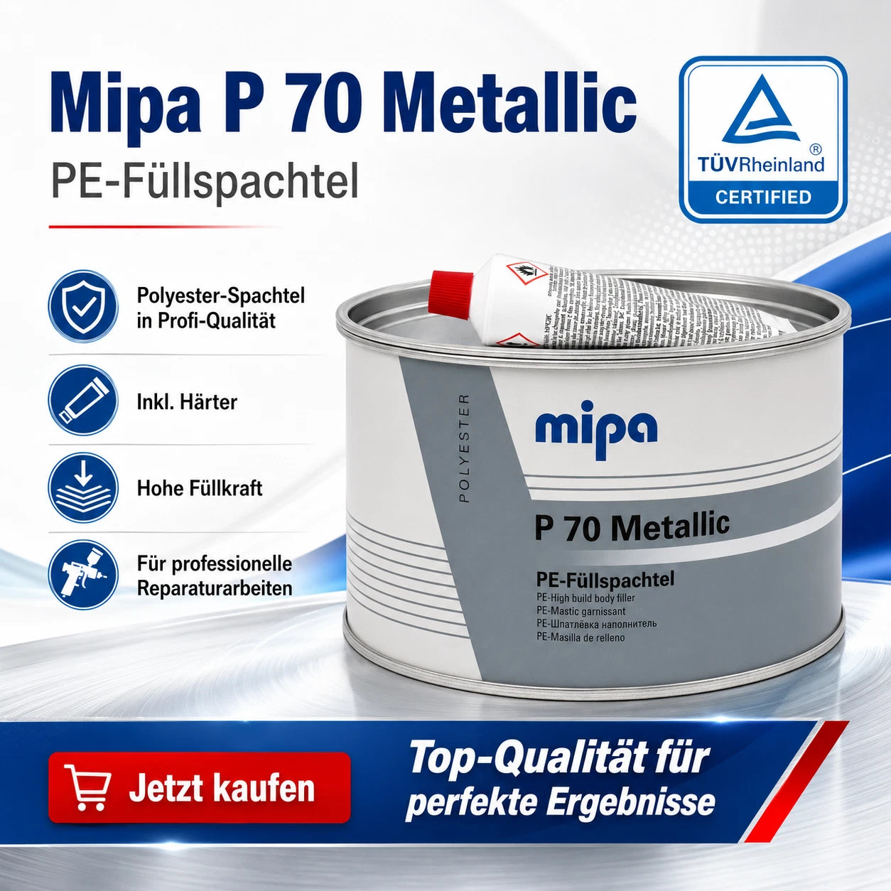 Spachtel Kfz Mipa P 70 Metallic PE-Füllspachtel 2kg - Grau + Härter